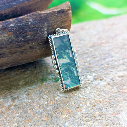 Handmade Sterling Silver Moss Agate Necklace: Large Healing Pendant, Ideal Gift for Him or Her