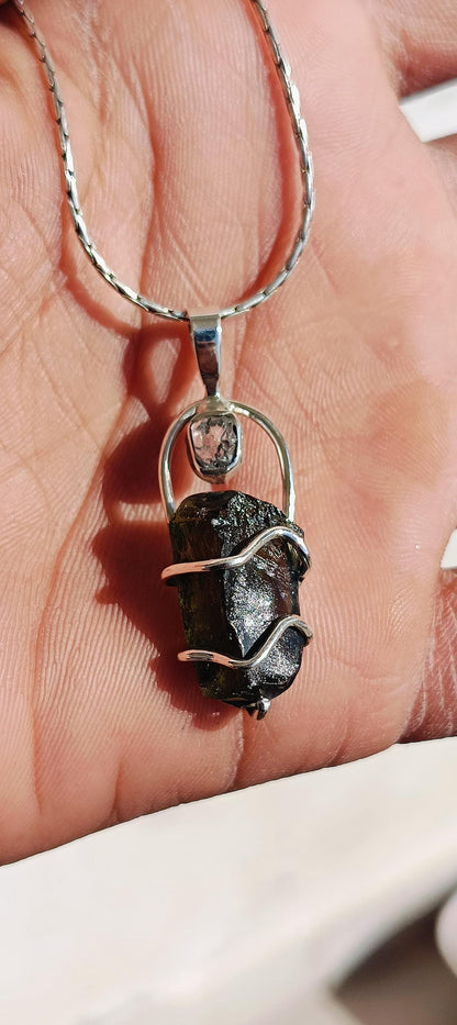 Moldavite & Herkimer Pendant, 925 Silver Handcrafted Pendant, Authentic Moldavite Pendant, Czech Moldavite Jewelry, Big Moldavite Necklace