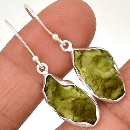 Natural Moldavite Rough Earrings Gemstone From Czech Republic 925 Solid Sterling Silver Handmade Designer Jewelry Certified Moldavite