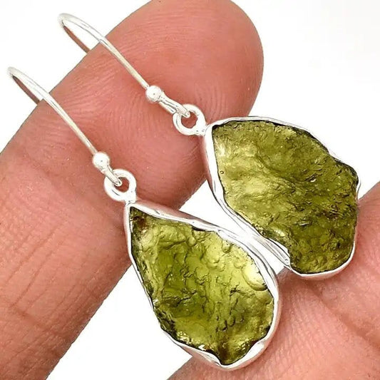 Natural Moldavite Rough Earrings Gemstone From Czech Republic 925 Solid Sterling Silver Handmade Designer Jewelry Certified Moldavite