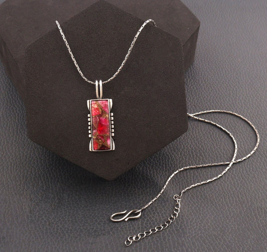 Copper Turquoise Pendant Necklace Sterling Silver Pendant Necklace Turquoise Rectangle Genuine Gemstone Necklace Kingman Southwestern