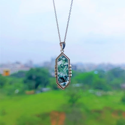 Moss Agate Necklace, 925 Sterling Silver Handmade Pendant, Statement Pendant, Gift For Her