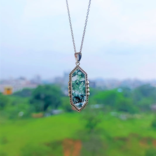 Moss Agate Necklace, 925 Sterling Silver Handmade Pendant, Statement Pendant, Gift For Her