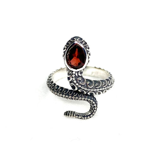 Garnet Snake Ring, Sterling Silver Ring, Adjustable Ring, Silver Ring, Oval Cut, Unisex, Gift, Snake Ring