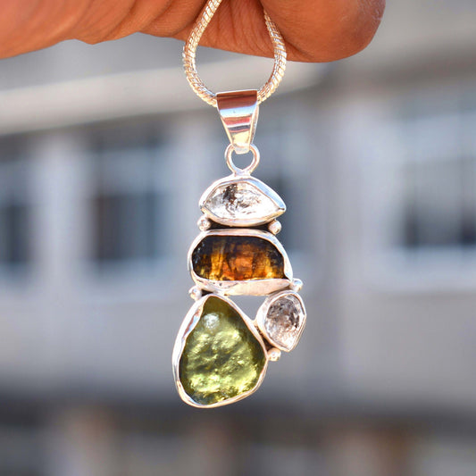 Czech Moldavite Black Tourmaline Herkimer Pendant AAA+ Natural Rough Healing Gemstone Beautiful Handmade Pendants Authentic Moldavite rough
