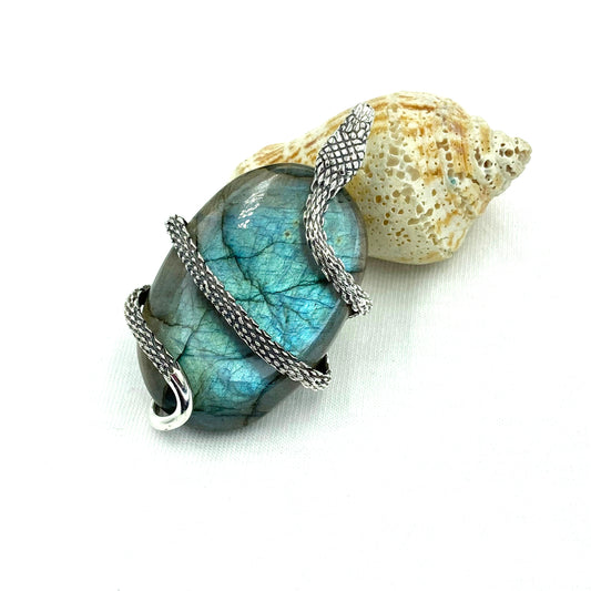 Antique Snake Pendant Oval Labradorite Snake Pendant Labradorite Large Oval Around Snake Pendant Dark Silver Snake Pendant Christmas Gift