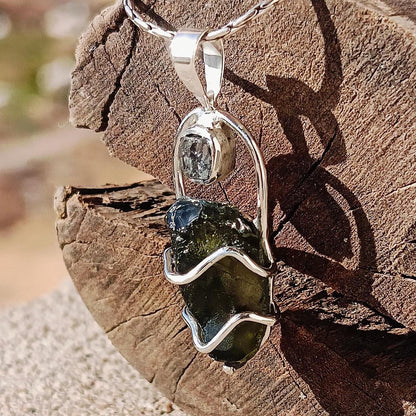 Moldavite & Herkimer Pendant, 925 Silver Handcrafted Pendant, Authentic Moldavite Pendant, Czech Moldavite Jewelry, Big Moldavite Necklace