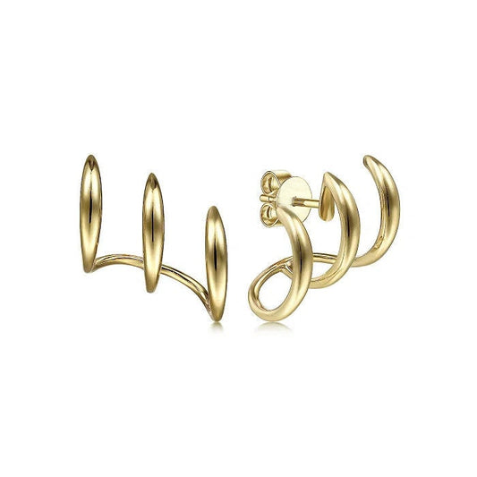 Triple Hoop Earrings, Triple Band Hoops, Bold Hoops Gold Earrings, Triple Hoops Earrings, Modern Gold Hoops, Curving Three Row Stud Earrings
