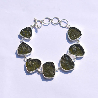 Moldavite Bracelet Handmade 925 Sterling Silver Czech Republic AAA Moldavite Rough Healing Gemstone adjustable Bracelets gift Boys & Girls