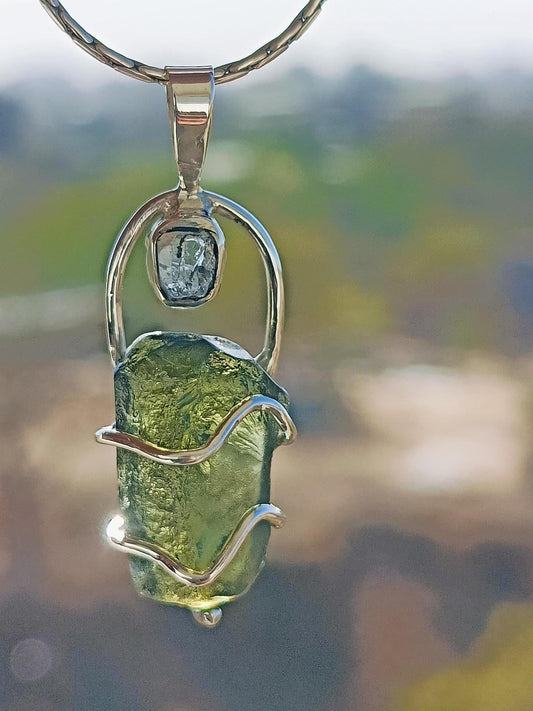 Moldavite & Herkimer Pendant, 925 Silver Handcrafted Pendant, Authentic Moldavite Pendant, Czech Moldavite Jewelry, Big Moldavite Necklace