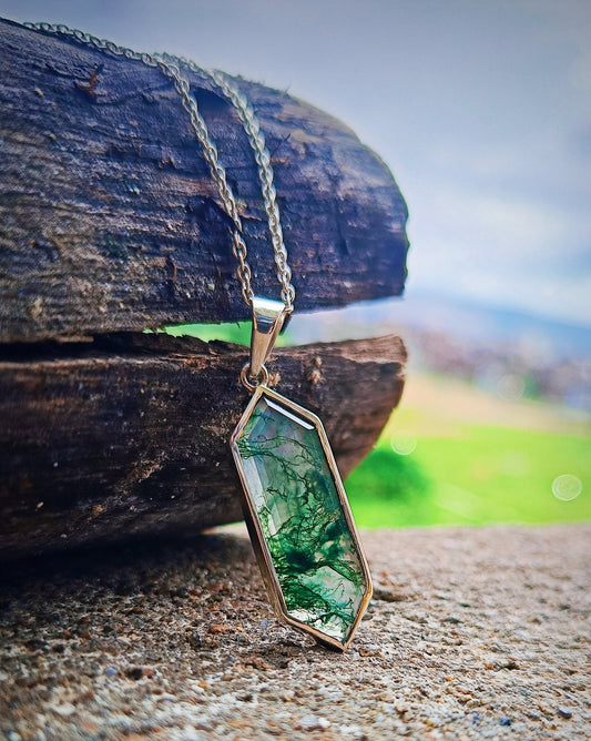 Moss Agate Necklace, 925 Sterling Silver Handmade Pendant, Gift For Mom