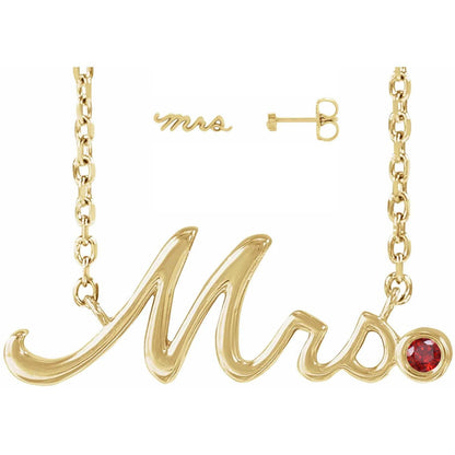 Wedding Necklace Round Gemstone Mrs Necklace and Mrs Stud Earrings 925 Sterling Silver 18k Gold Vermeil Bridal Jewelry Set For Woman & Girls