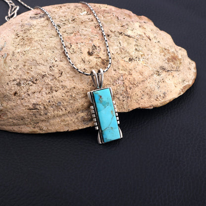 Turquoise Pendant Necklace, Sterling Silver Rectangle Genuine Gemstone Kingman Southwestern Necklace