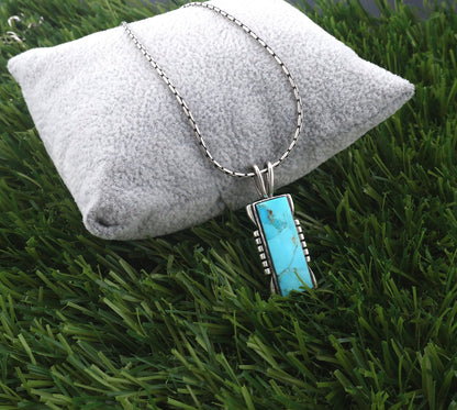 Turquoise Pendant Necklace, Sterling Silver Rectangle Genuine Gemstone Kingman Southwestern Necklace