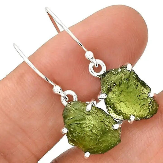 Natural Moldavite Rough Earrings Gemstone From Czech Republic 925 Solid Sterling Silver Handmade Designer Jewelry Genuine Moldavite
