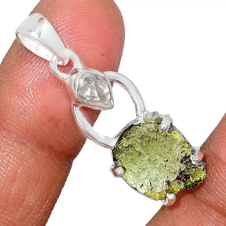 Moldavite herkimer pendant, genuine gemstone pendant, sterling silver handmade pendant, 100% genuine with certified gemstone