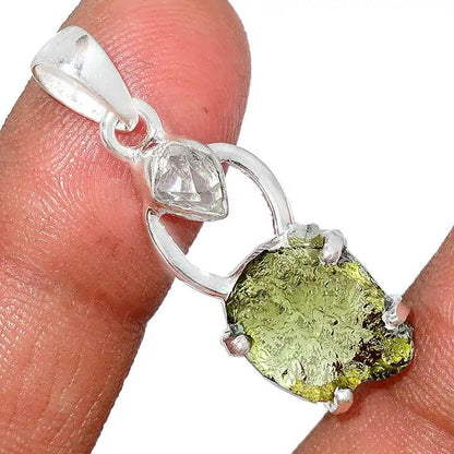 Moldavite herkimer pendant, genuine gemstone pendant, sterling silver handmade pendant, 100% genuine with certified gemstone