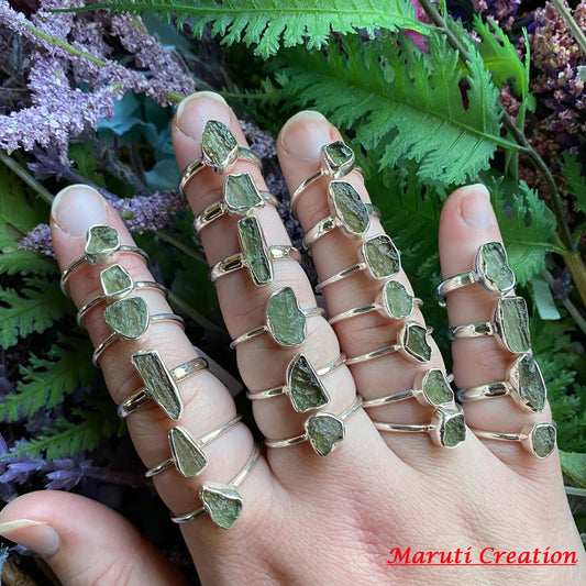 Moldavite Ring 925 Sterling Silver jewelry Czech Republic AAA+ Quality Top Natural Moldavite Rough Healing Gemstone Handmade Rings For Gift
