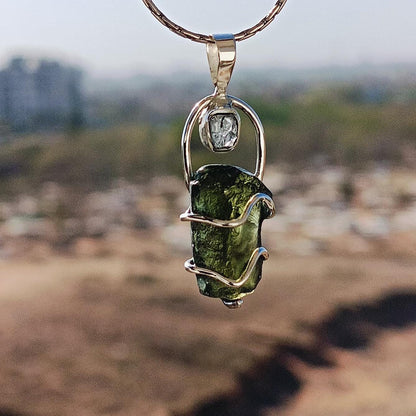 Moldavite & Herkimer Pendant, 925 Silver Handcrafted Pendant, Authentic Moldavite Pendant, Czech Moldavite Jewelry, Big Moldavite Necklace