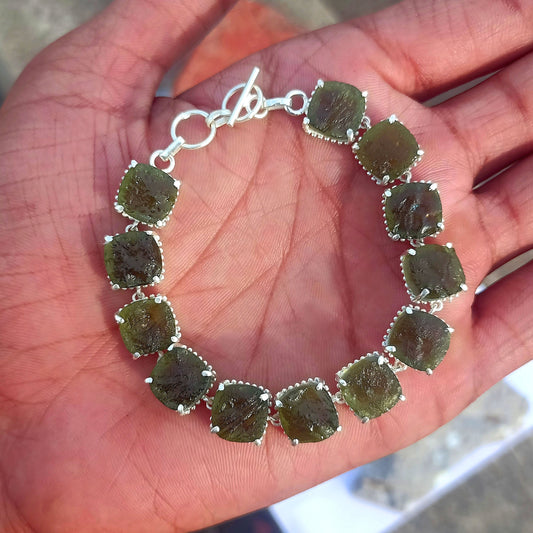 Real Moldavite Bracelet Czech Crystal Raw on Silver Adjustable Chain