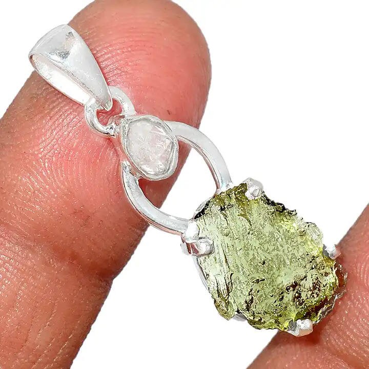 Moldavite herkimer pendant, genuine gemstone pendant, sterling silver handmade pendant, 100% genuine with certified gemstone