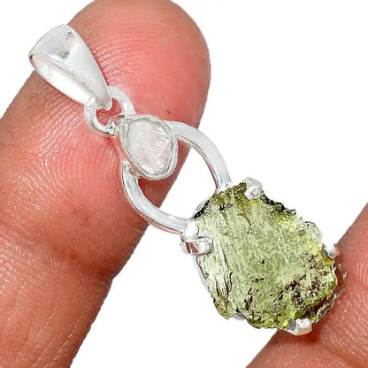Moldavite herkimer pendant, genuine gemstone pendant, sterling silver handmade pendant, 100% genuine with certified gemstone