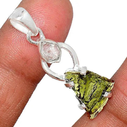 Moldavite herkimer pendant, genuine gemstone pendant, sterling silver handmade pendant, 100% genuine with certified gemstone