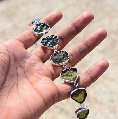 Moldavite Bracelet Handmade 925 Sterling Silver Czech Republic AAA Moldavite Rough Healing Gemstone adjustable Bracelets gift Boys & Girls