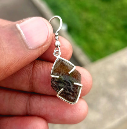 Natural Moldavite Rough stone Earrings Gemstone From Czech Republic 925 Solid Sterling Silver Handmade Designer Jewelry Unique shape Gift